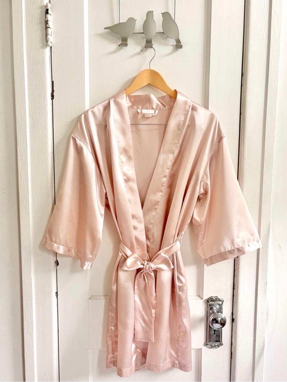 Women's Satin Kimono Robe in Blush Pink with Self-Tie Belt